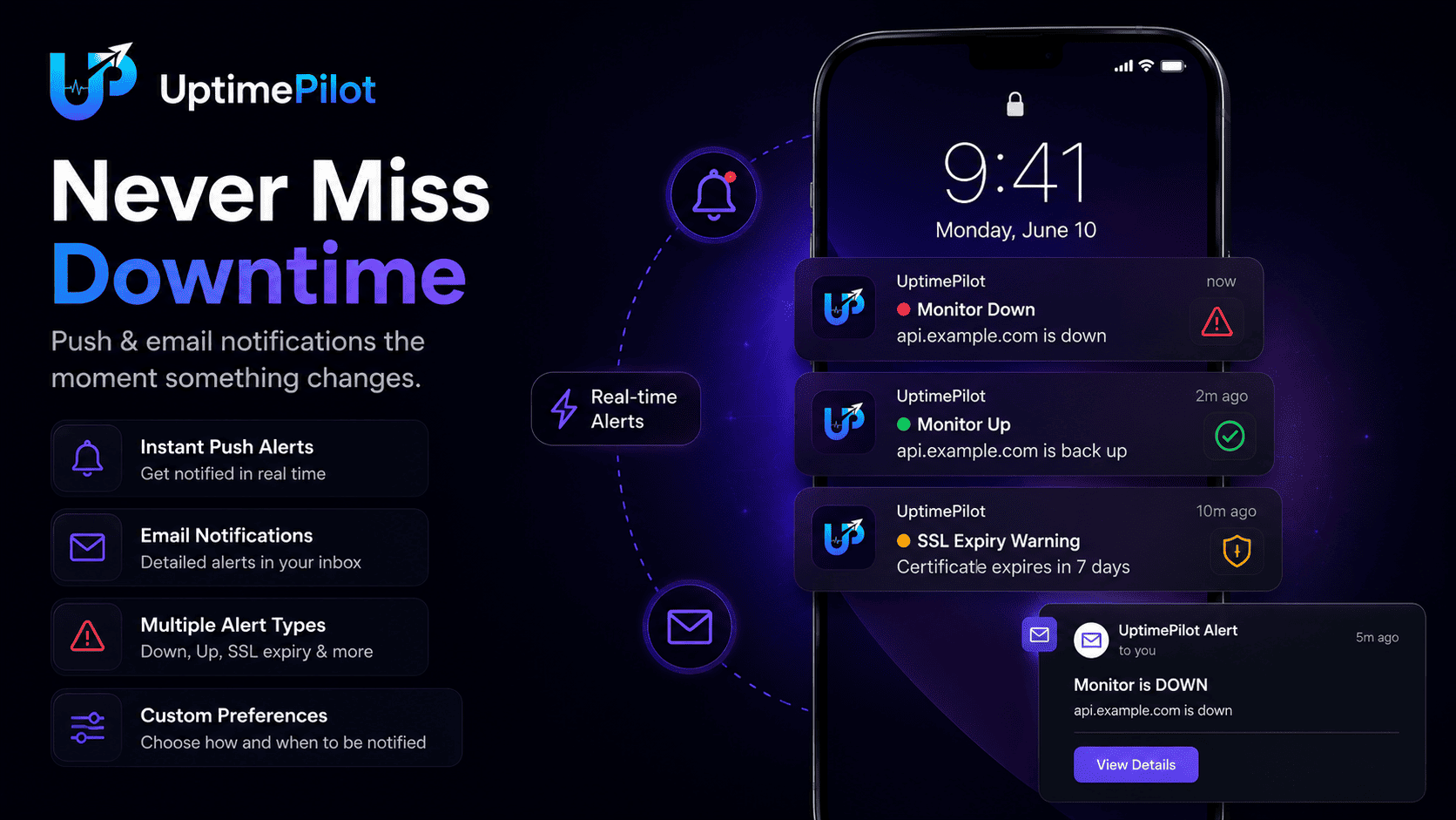 UptimePilot notifications on a phone lock screen: monitor down, monitor up, SSL expiring
